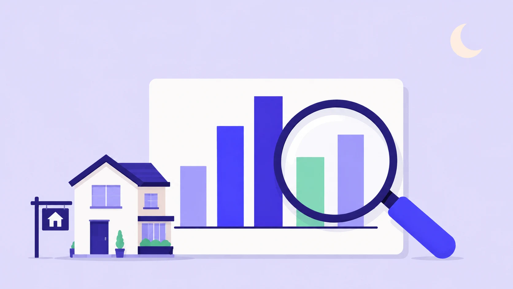 A house with an estate-agent sale board beside a bar chart under a magnifying glass and a crescent moon, illustrating when estate-agency enquiries arrive after hours.